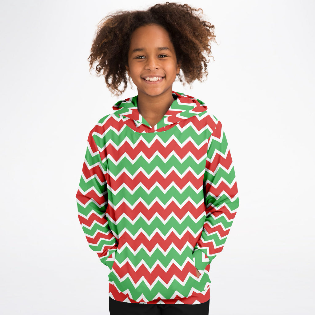 Kids Red & Green Christmas Chevron Hoodie – Ultra Comfy & Stretchy, Cozy Fleece or Lightweight Sports Fabric, Double-Layer Hood & Kangaroo Pocket