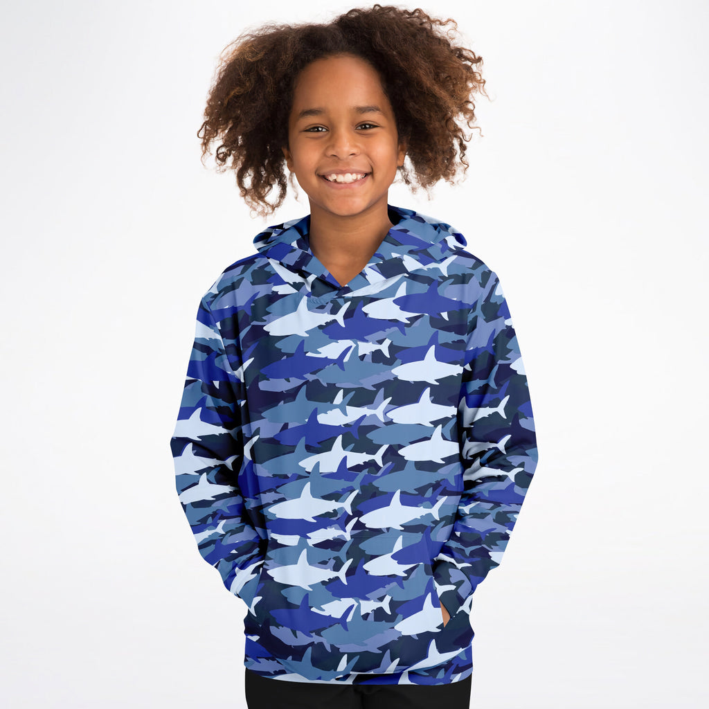 Kids blue shark hoodie with cozy cotton fleece and lightweight sports fabric featuring blue and white shark camouflage
