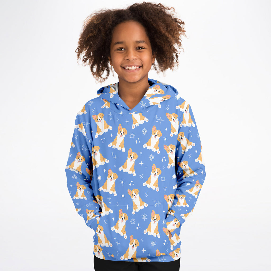 Kids Blue Corgi Dog Hoodie – Cozy Cotton Fleece or Lightweight Sports Fabric