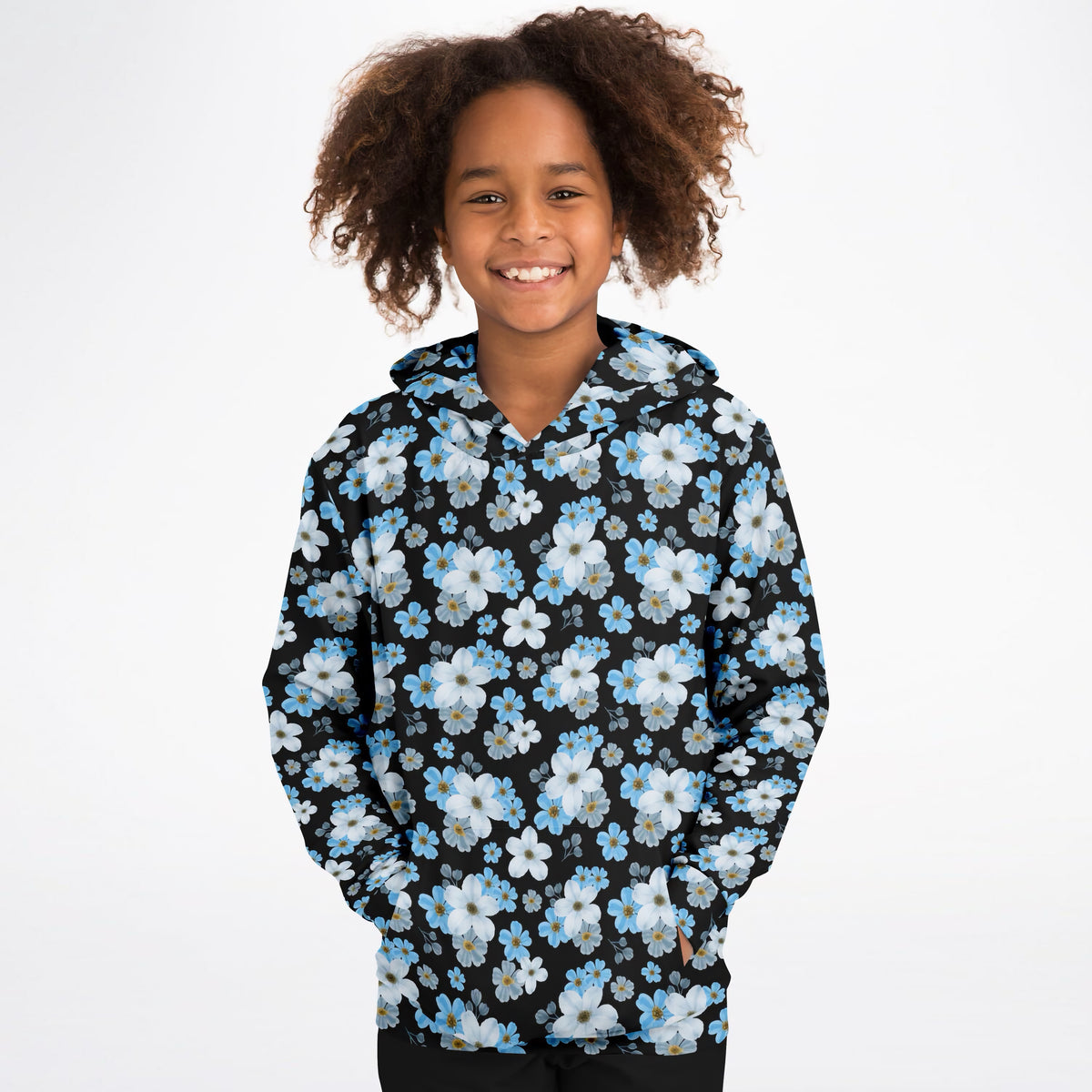 Girls Beautiful Sky Blue Flowers Hoodie – Ultra Comfy & Stretchy, Cozy Fleece or Lightweight Sports Fabric, Double-Layer Hood & Kangaroo Pocket
