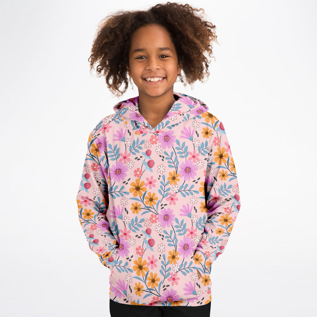 Girls Colorful Pink Wildflower Hoodie – Ultra Comfy & Stretchy, Cozy Fleece or Lightweight Sports Fabric, Double-Layer Hood & Kangaroo Pocket