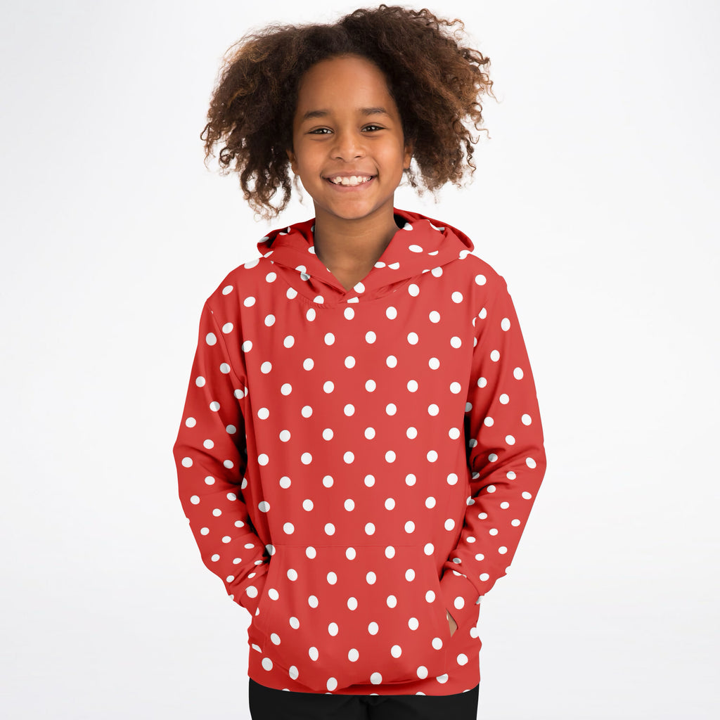 Kids Red Polka Dot Hoodie – Ultra Comfy & Stretchy, Cozy Fleece or Lightweight Sports Fabric, Double-Layer Hood & Kangaroo Pocket