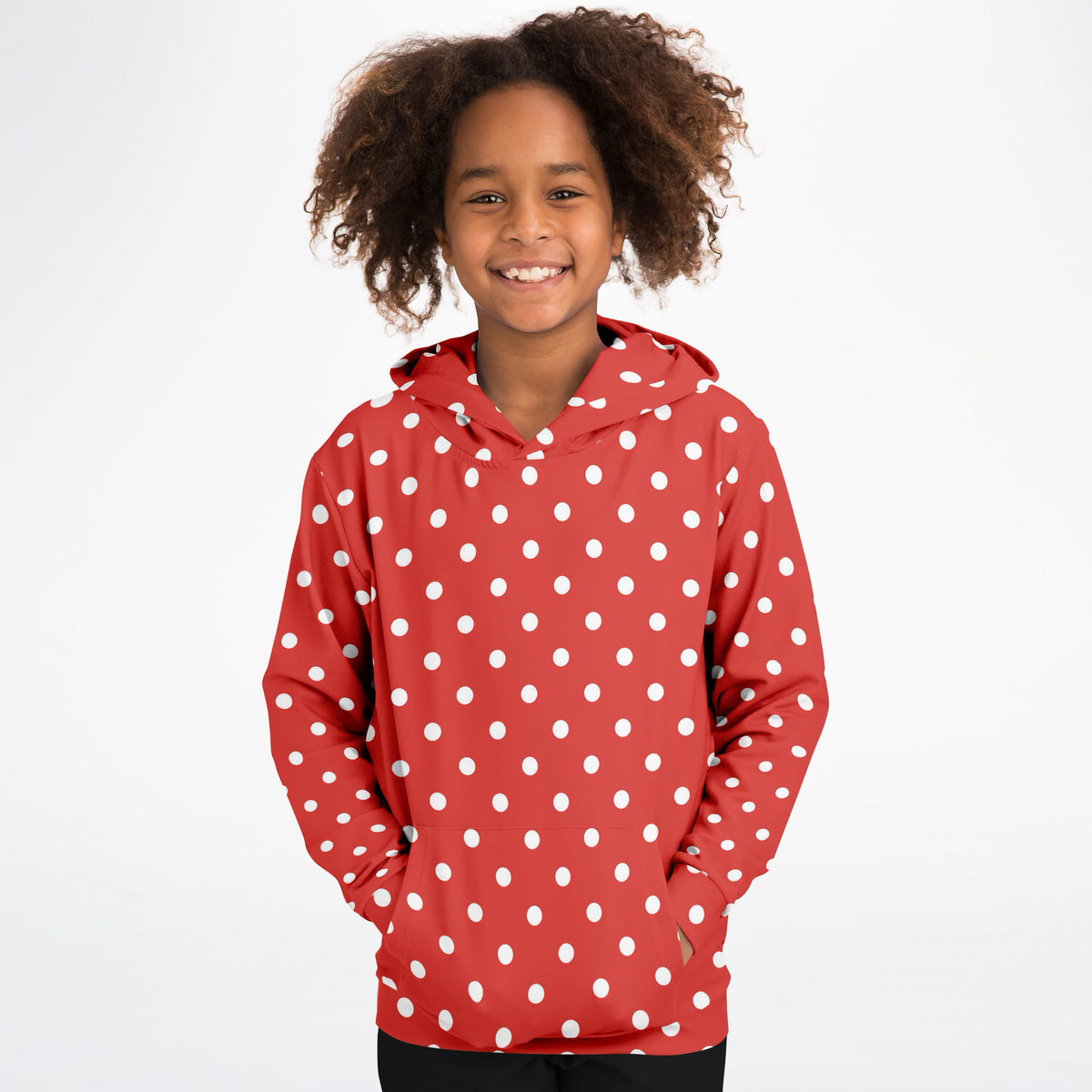 Kids Red Polka Dot Hoodie – Ultra Comfy & Stretchy, Cozy Fleece or Lightweight Sports Fabric, Double-Layer Hood & Kangaroo Pocket