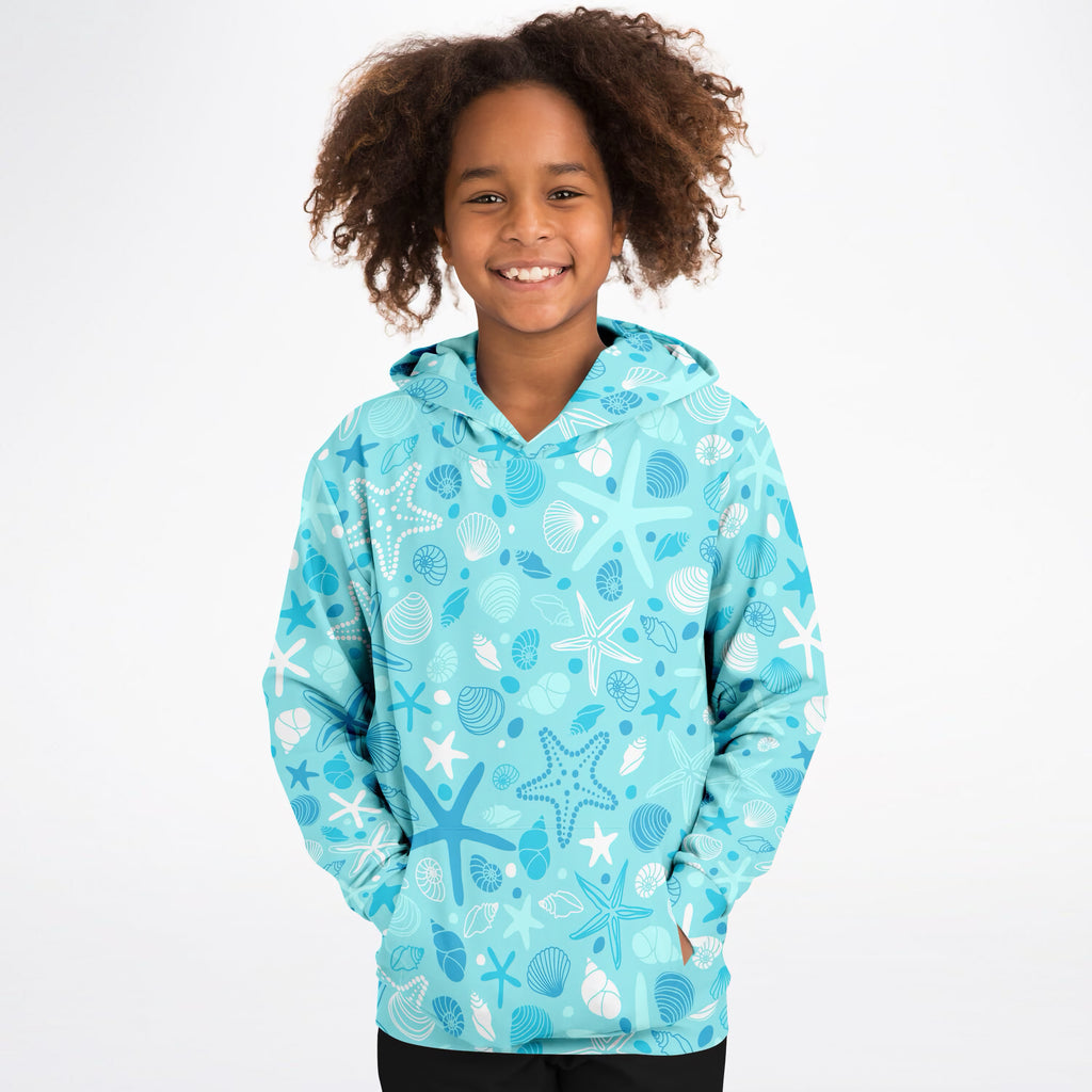 Kids Starfish & Shells Hoodie – Ultra Comfy & Stretchy, Cozy Fleece or Lightweight Sports Fabric, Double-Layer Hood & Kangaroo Pocket