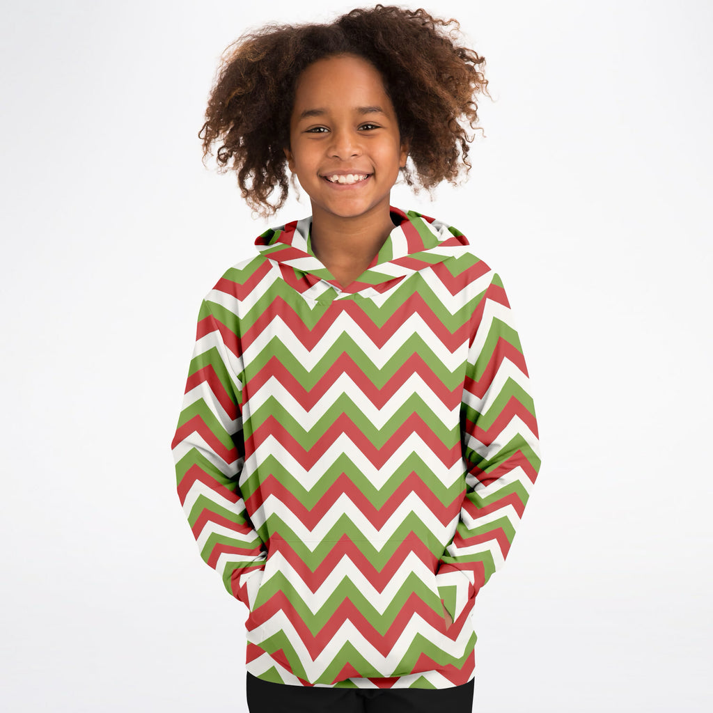 Kids Christmas Red & Green Chevron Hoodie – Ultra Comfy & Stretchy, Cozy Fleece or Lightweight Sports Fabric, Double-Layer Hood & Kangaroo Pocket
