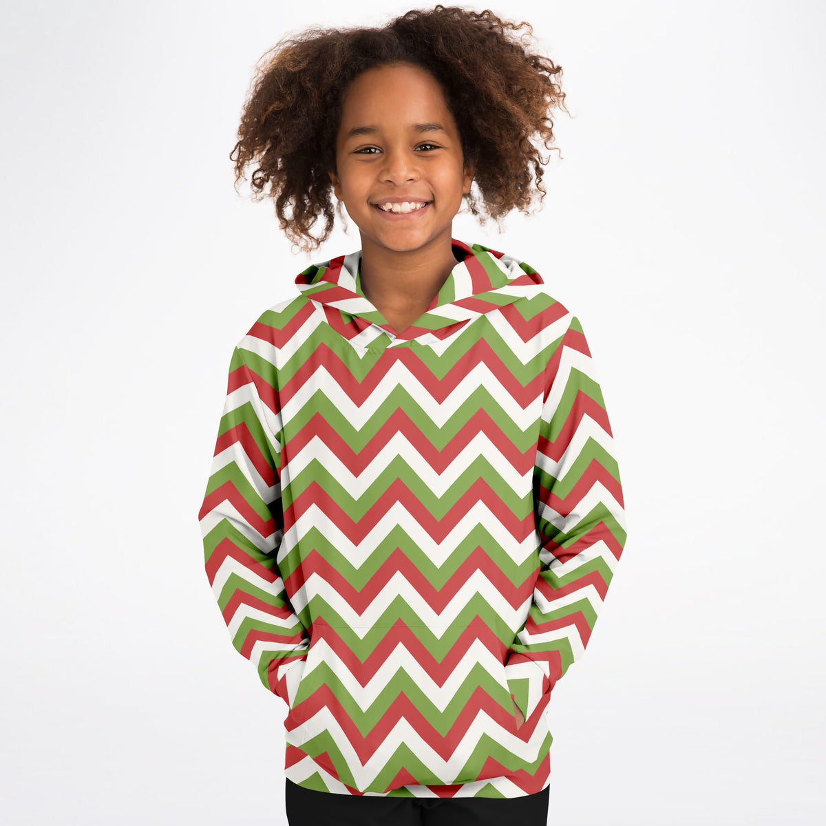Kids Christmas Red & Green Chevron Hoodie – Ultra Comfy & Stretchy, Cozy Fleece or Lightweight Sports Fabric, Double-Layer Hood & Kangaroo Pocket