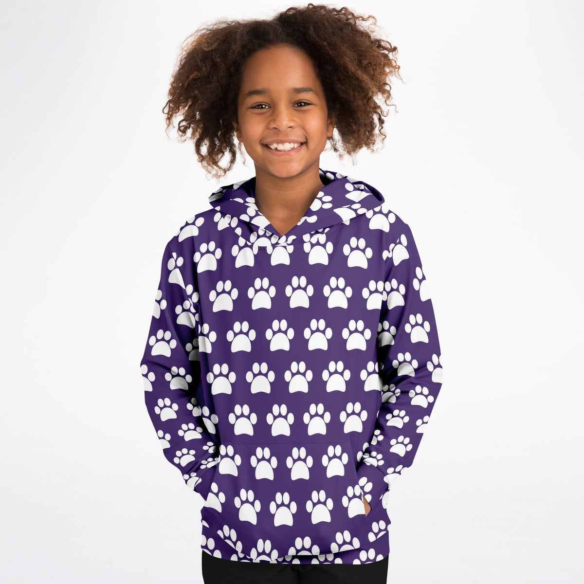 Girls Dark Purple Paw Print Hoodie – Ultra Comfy & Stretchy, Cozy Fleece or Lightweight Sports Fabric, Double-Layer Hood & Kangaroo Pocket