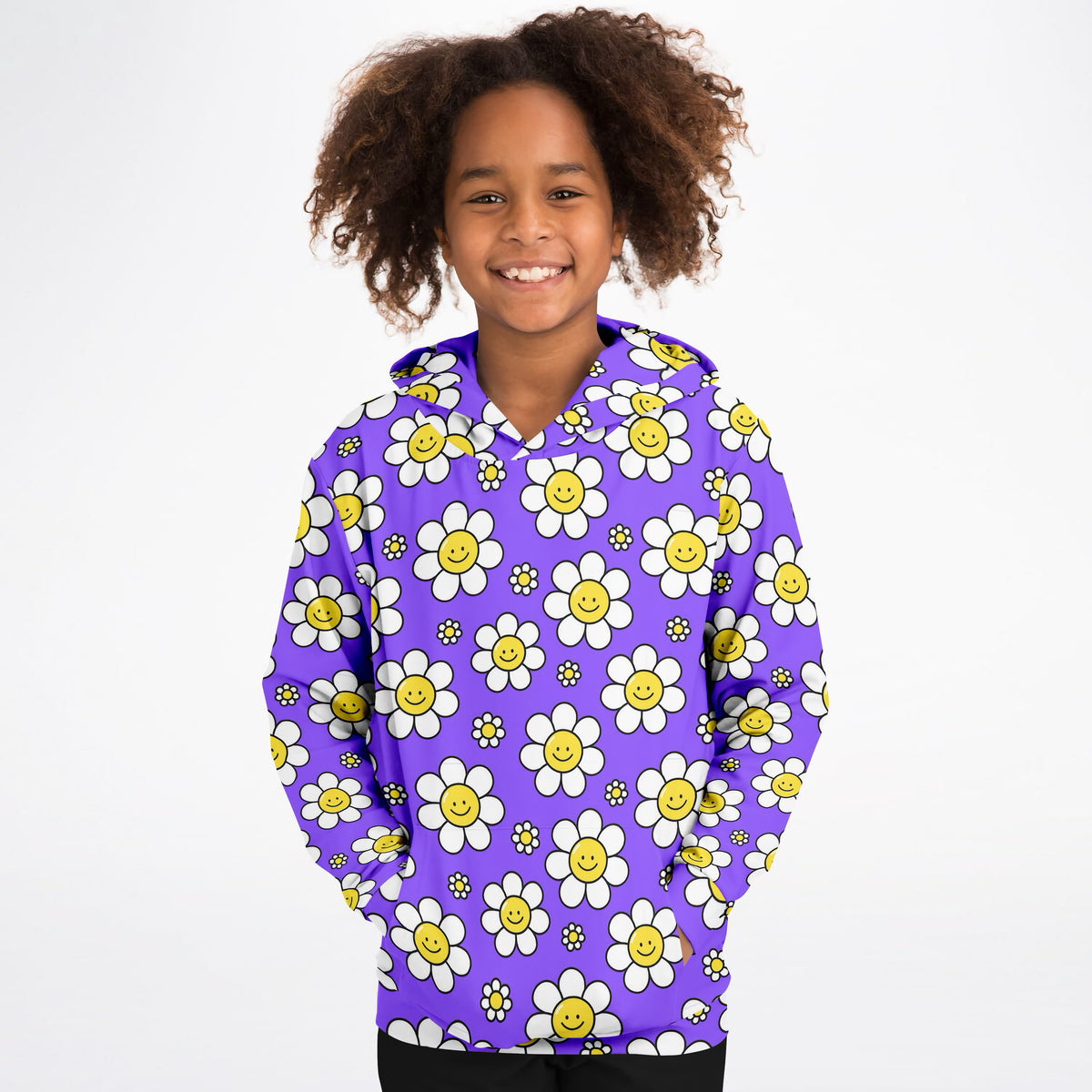 Girls Purple Smile Daisy Hoodie – Ultra Comfy & Stretchy, Cozy Fleece or Lightweight Sports Fabric, Double-Layer Hood & Kangaroo Pocket