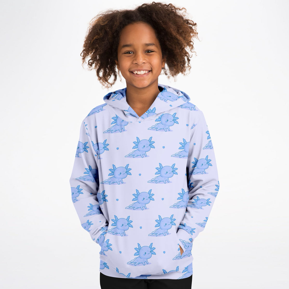 Kids Blue Axolotl Hoodie – Ultra Comfy & Stretchy, Cozy Fleece or Lightweight Sports Fabric, Double-Layer Hood & Kangaroo Pocket