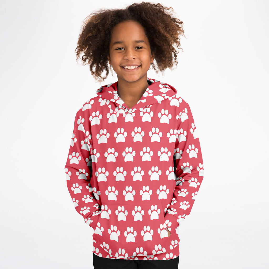 Girls Bright Pink Paw Print Hoodie – Ultra Comfy & Stretchy, Cozy Fleece or Lightweight Sports Fabric, Double-Layer Hood & Kangaroo Pocket