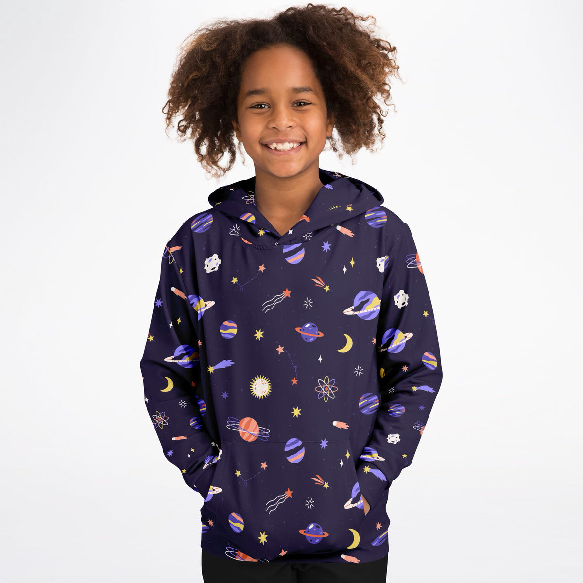 Girls Purple Outer Space Galaxy Hoodie – Ultra Comfy & Stretchy, Cozy Fleece or Lightweight Sports Fabric, Double-Layer Hood & Kangaroo Pocket