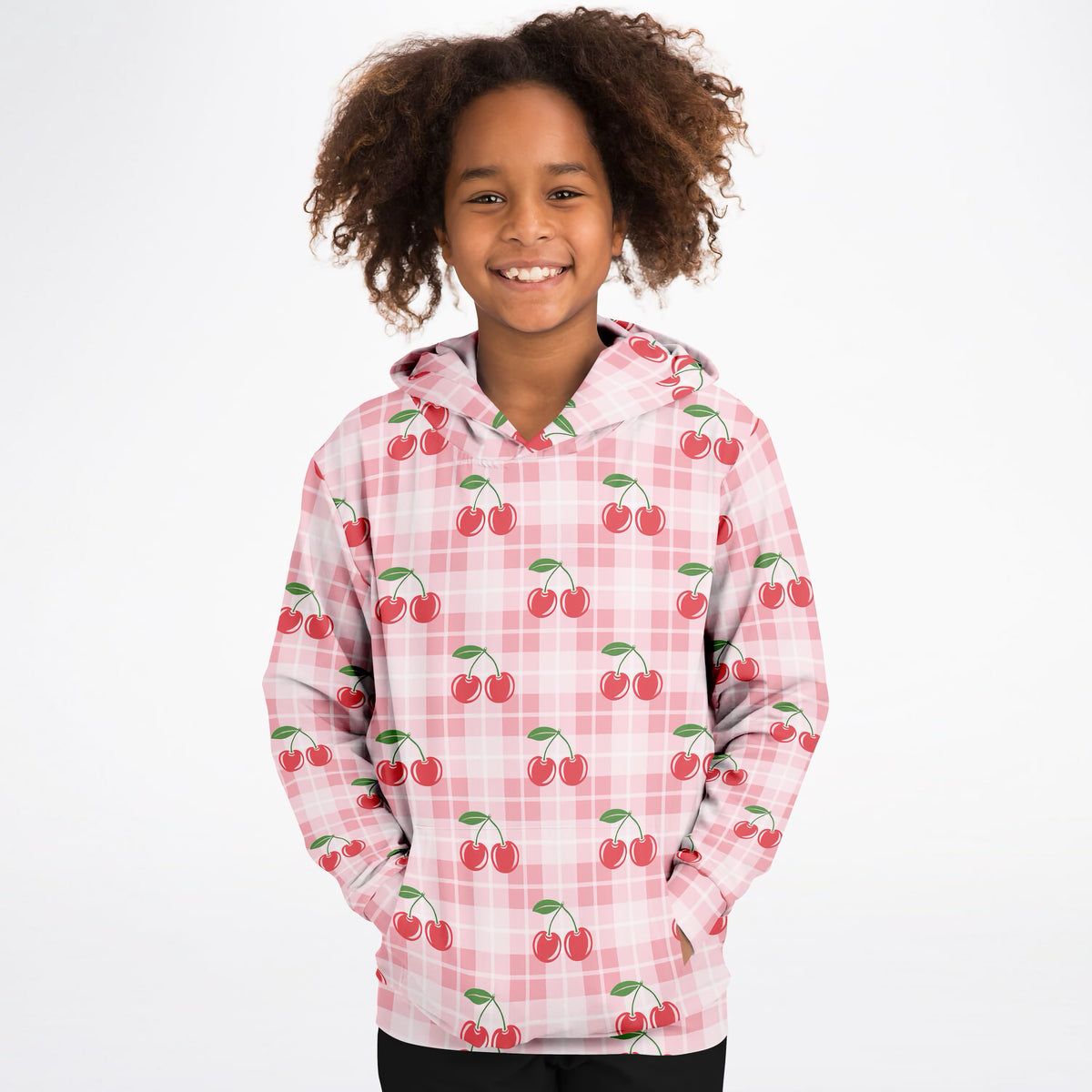 Girls Pink Cherry Plaid Hoodie – Ultra Comfy & Stretchy, Cozy Fleece or Lightweight Sports Fabric, Double-Layer Hood & Kangaroo Pocket