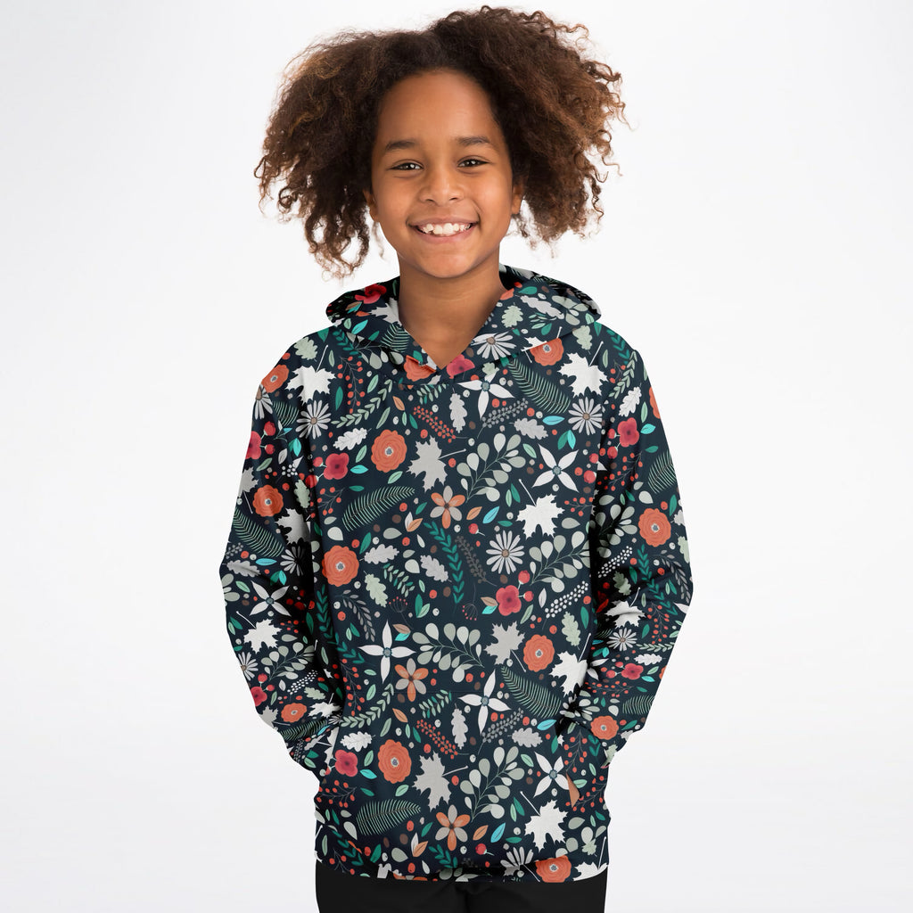 Girls Dark Green Floral Hoodie – Ultra Comfy & Stretchy, Cozy Fleece or Lightweight Sports Fabric, Double-Layer Hood & Kangaroo Pocket