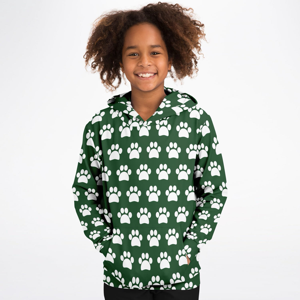Kids Forest Green Paw Print Hoodie – Ultra Comfy & Stretchy, Cozy Fleece or Lightweight Sports Fabric, Double-Layer Hood & Kangaroo Pocket