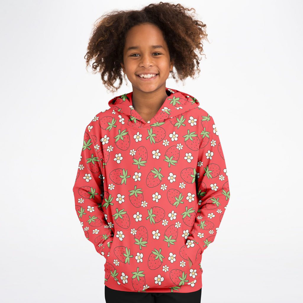 Kids Red Strawberry Hoodie – Ultra Comfy & Stretchy, Cozy Fleece or Lightweight Sports Fabric, Double-Layer Hood & Kangaroo Pocket