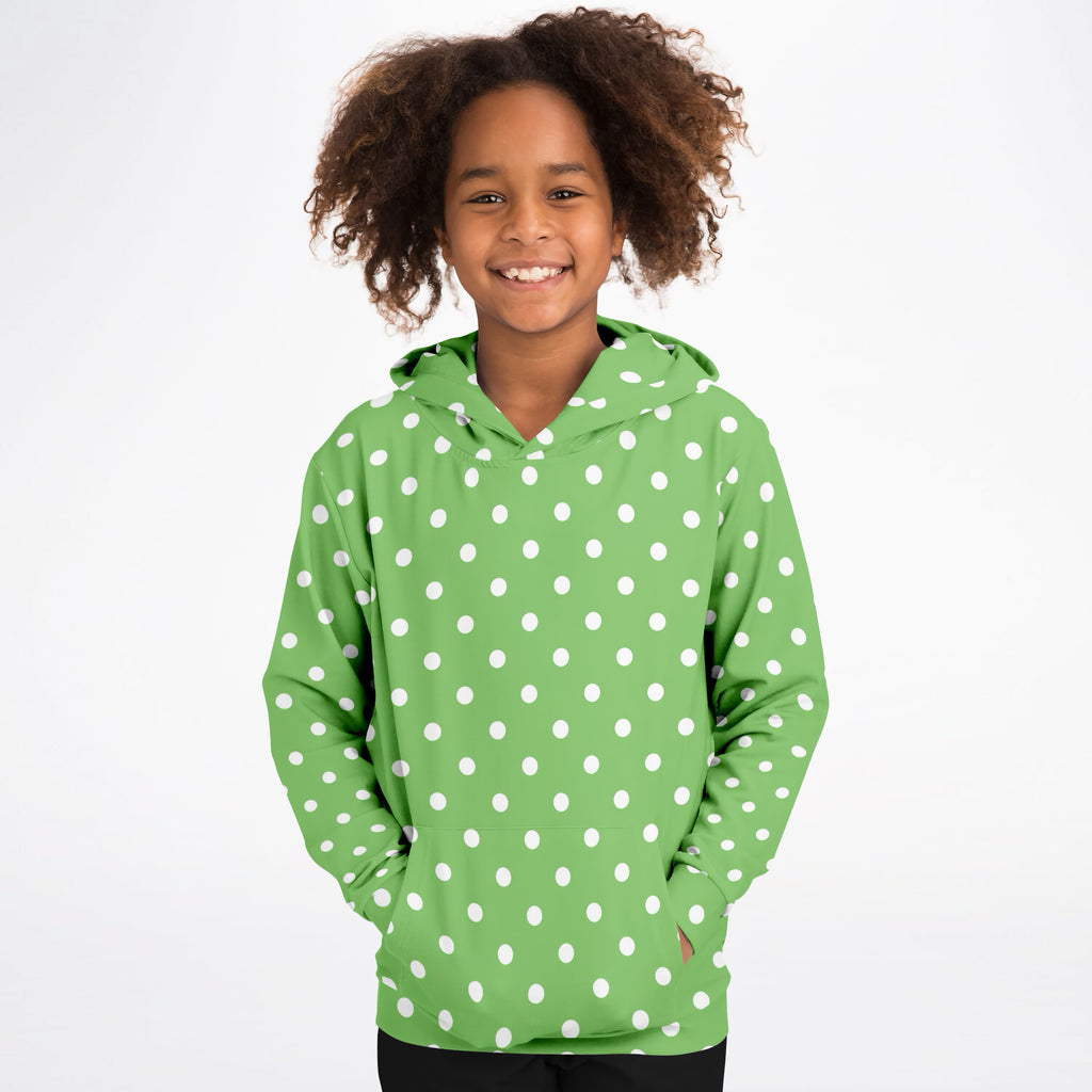Kids Green Polka Dot Hoodie – Ultra Comfy & Stretchy, Cozy Fleece or Lightweight Sports Fabric, Double-Layer Hood & Kangaroo Pocket