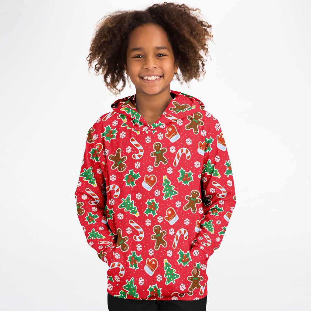 Kids Red Christmas Icons Hoodie – Ultra Comfy & Stretchy, Cozy Fleece or Lightweight Sports Fabric, Double-Layer Hood & Kangaroo Pocket