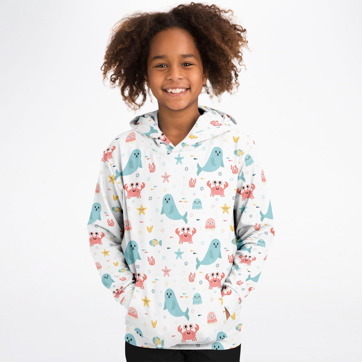 Kids Cute Ocean Animals Hoodie – Ultra Comfy & Stretchy, Cozy Fleece or Lightweight Sports Fabric, Double-Layer Hood & Kangaroo Pocket