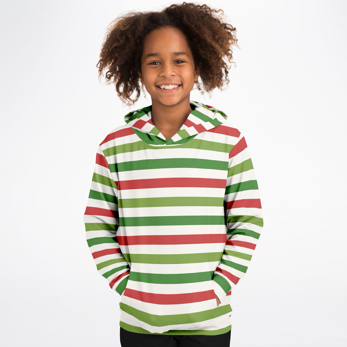 Kids Christmas Red & Green Striped Hoodie – Ultra Comfy & Stretchy, Cozy Fleece or Lightweight Sports Fabric, Double-Layer Hood & Kangaroo Pocket