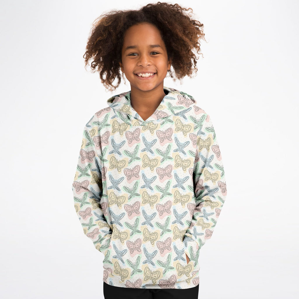 Kids Pastel Butterfly & Dragonfly Hoodie – Ultra Comfy & Stretchy, Cozy Fleece or Lightweight Sports Fabric, Double-Layer Hood & Kangaroo Pocket