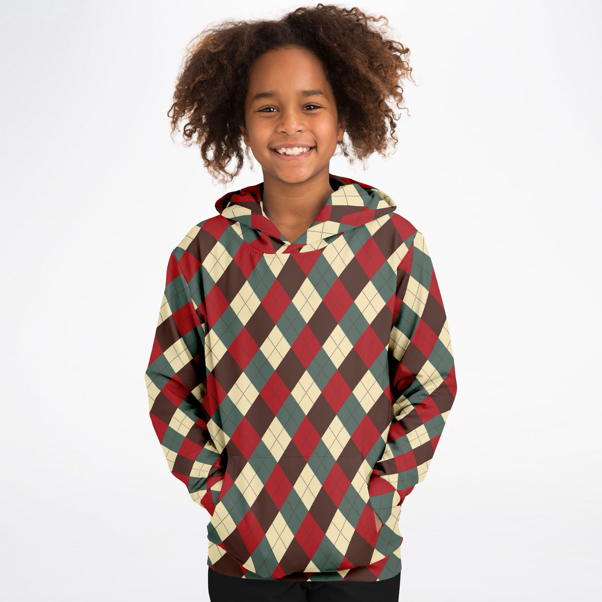 Kids Vintage Christmas Argyle Hoodie – Ultra Comfy & Stretchy, Cozy Fleece or Lightweight Sports Fabric, Double-Layer Hood & Kangaroo Pocket
