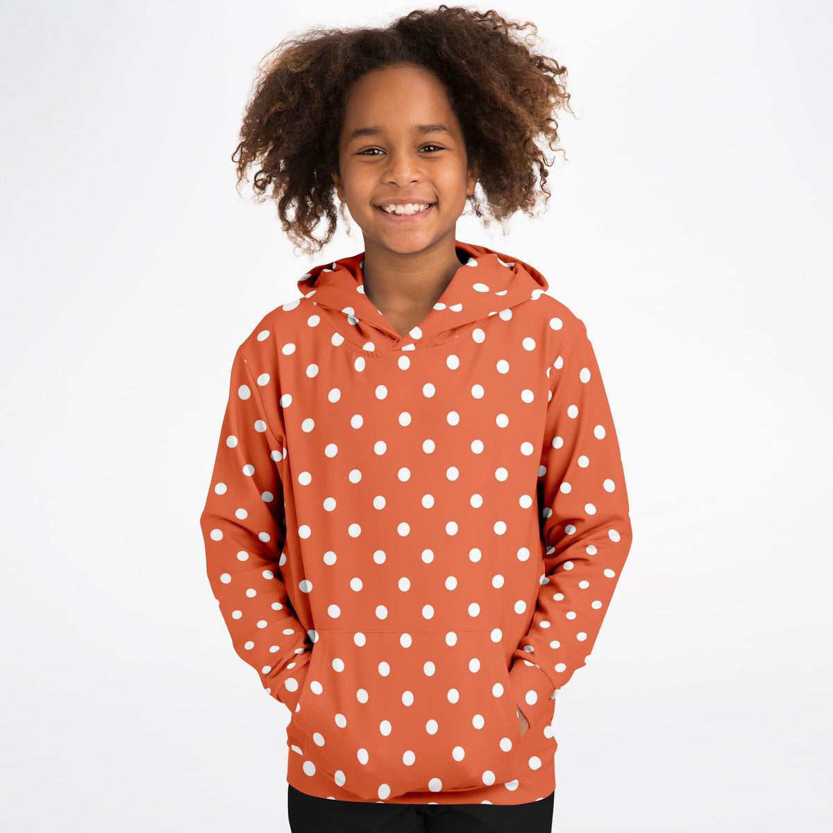 Kids Bright Orange Polka Dot Hoodie – Ultra Comfy & Stretchy, Cozy Fleece or Lightweight Sports Fabric, Double-Layer Hood & Kangaroo Pocket