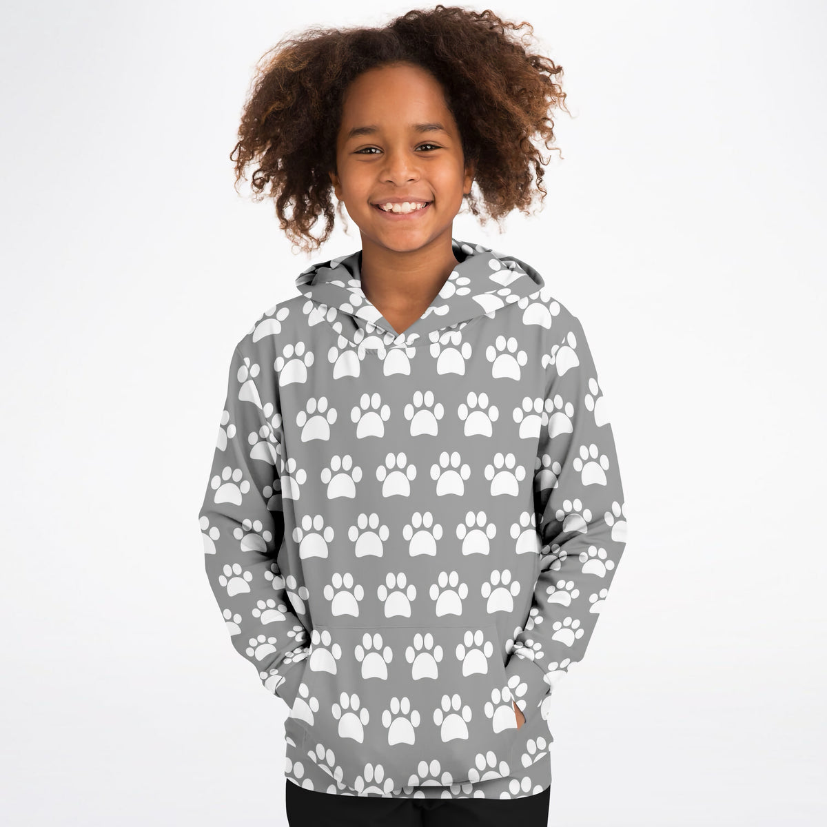 Kids Gray Paw Print Hoodie – Ultra Comfy & Stretchy, Cozy Fleece or Lightweight Sports Fabric, Double-Layer Hood & Kangaroo Pocket