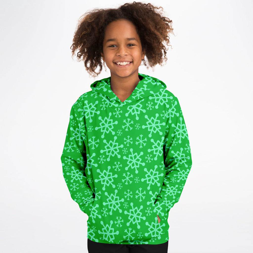 Kids Green Snowflake Christmas Hoodie – Ultra Comfy & Stretchy, Cozy Fleece or Lightweight Sports Fabric, Double-Layer Hood & Kangaroo Pocket
