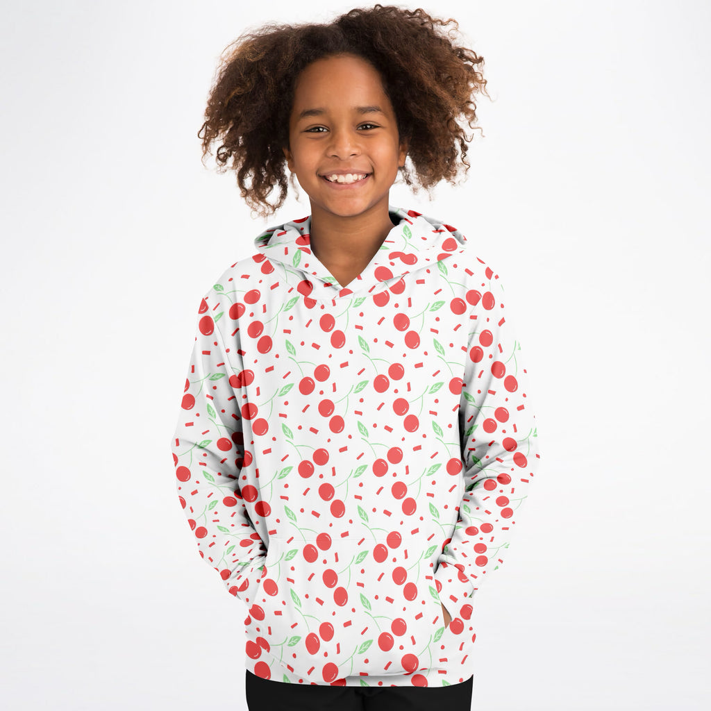 Girls Red Cherry Hoodie – Ultra Comfy & Stretchy, Cozy Fleece or Lightweight Sports Fabric, Double-Layer Hood & Kangaroo Pocket