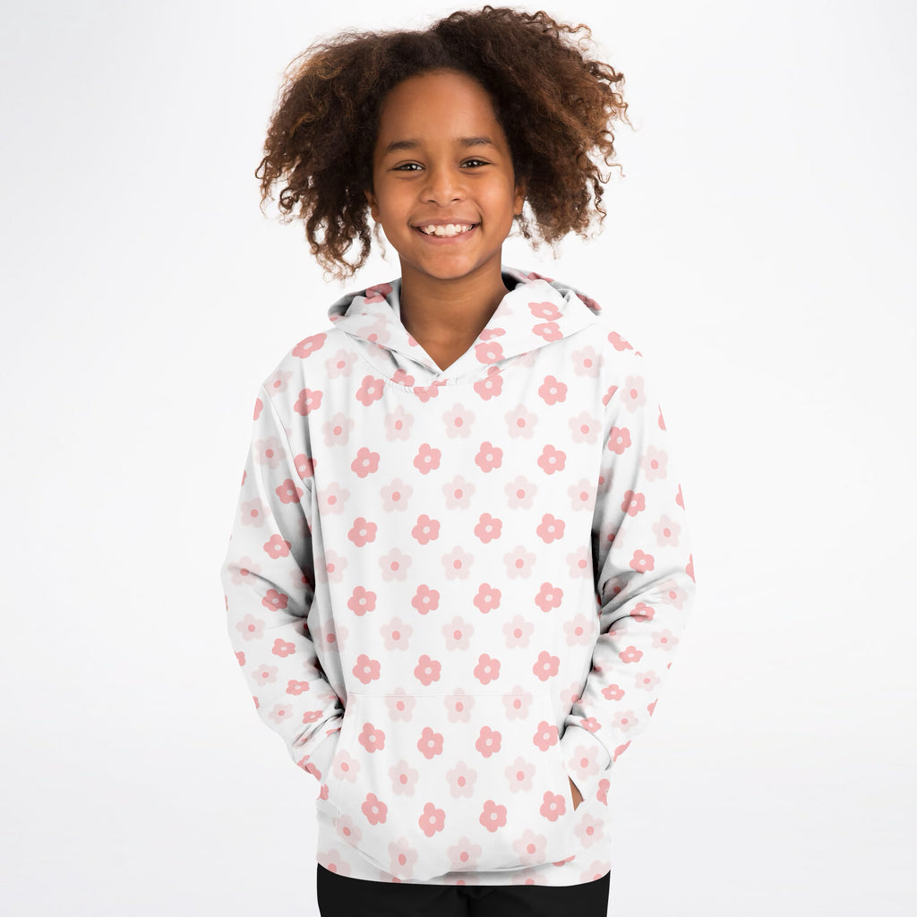 Girls Cute Pink Daisy Flower Hoodie – Ultra Comfy & Stretchy, Cozy Fleece or Lightweight Sports Fabric, Double-Layer Hood & Kangaroo Pocket