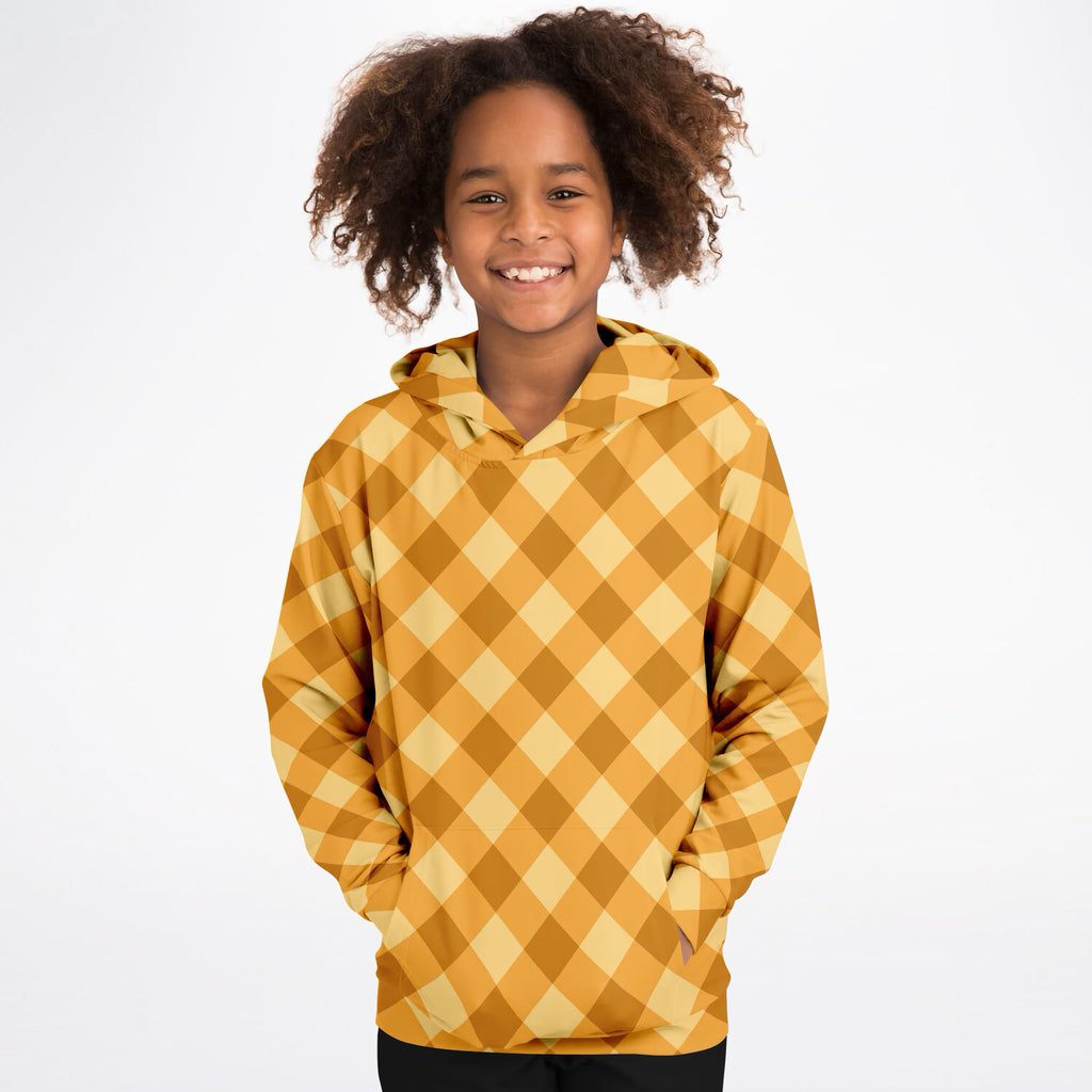 Kids Orange Gingham Checkered Hoodie – Ultra Comfy & Stretchy, Cozy Fleece or Lightweight Sports Fabric, Double-Layer Hood & Kangaroo Pocket