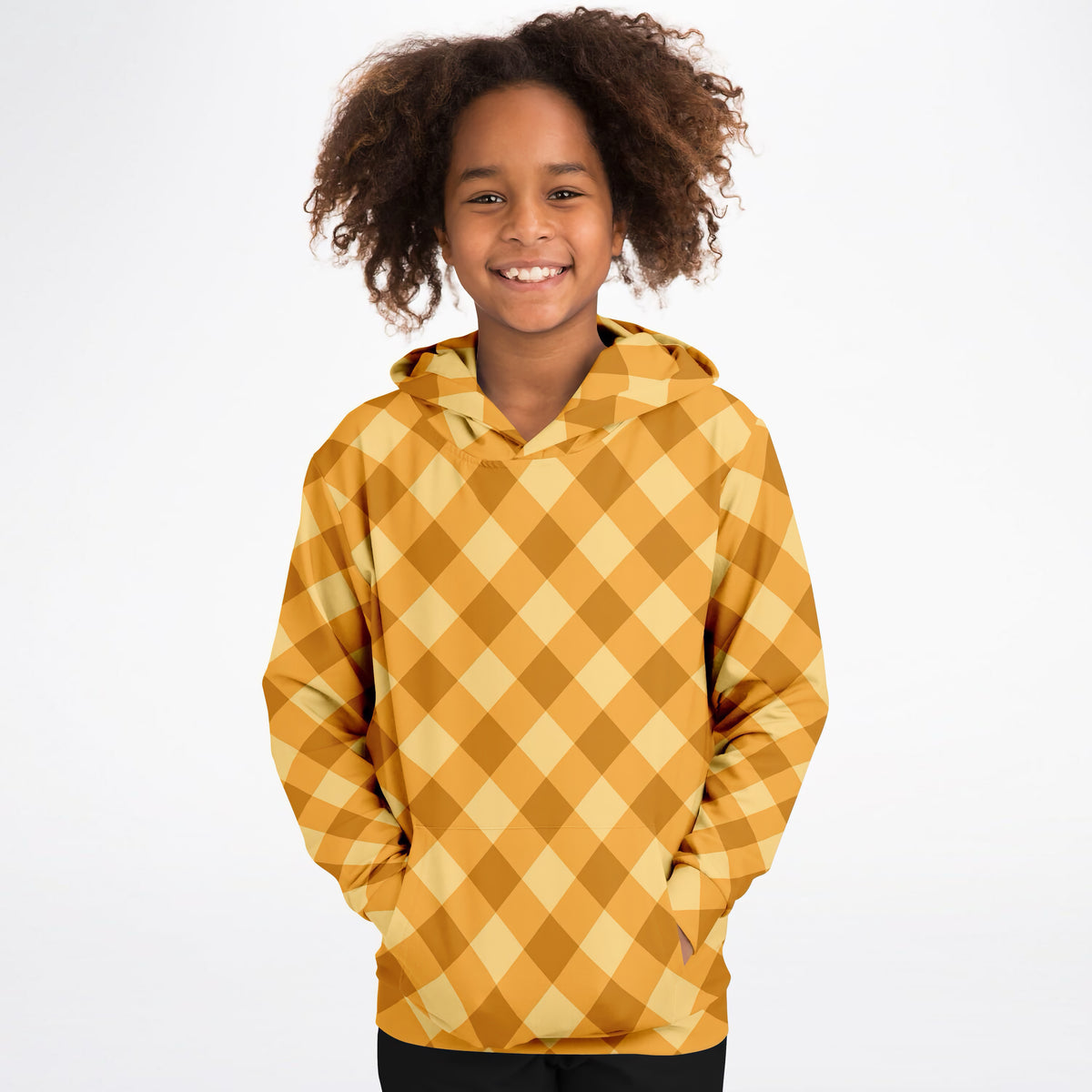 Kids Orange Gingham Checkered Hoodie – Ultra Comfy & Stretchy, Cozy Fleece or Lightweight Sports Fabric, Double-Layer Hood & Kangaroo Pocket