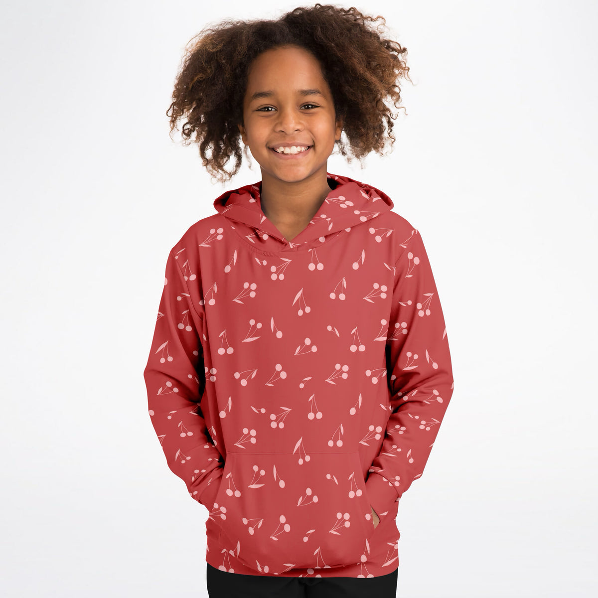 Girls Deep Red Cherry Hoodie – Ultra Comfy & Stretchy, Cozy Fleece or Lightweight Sports Fabric, Double-Layer Hood & Kangaroo Pocket