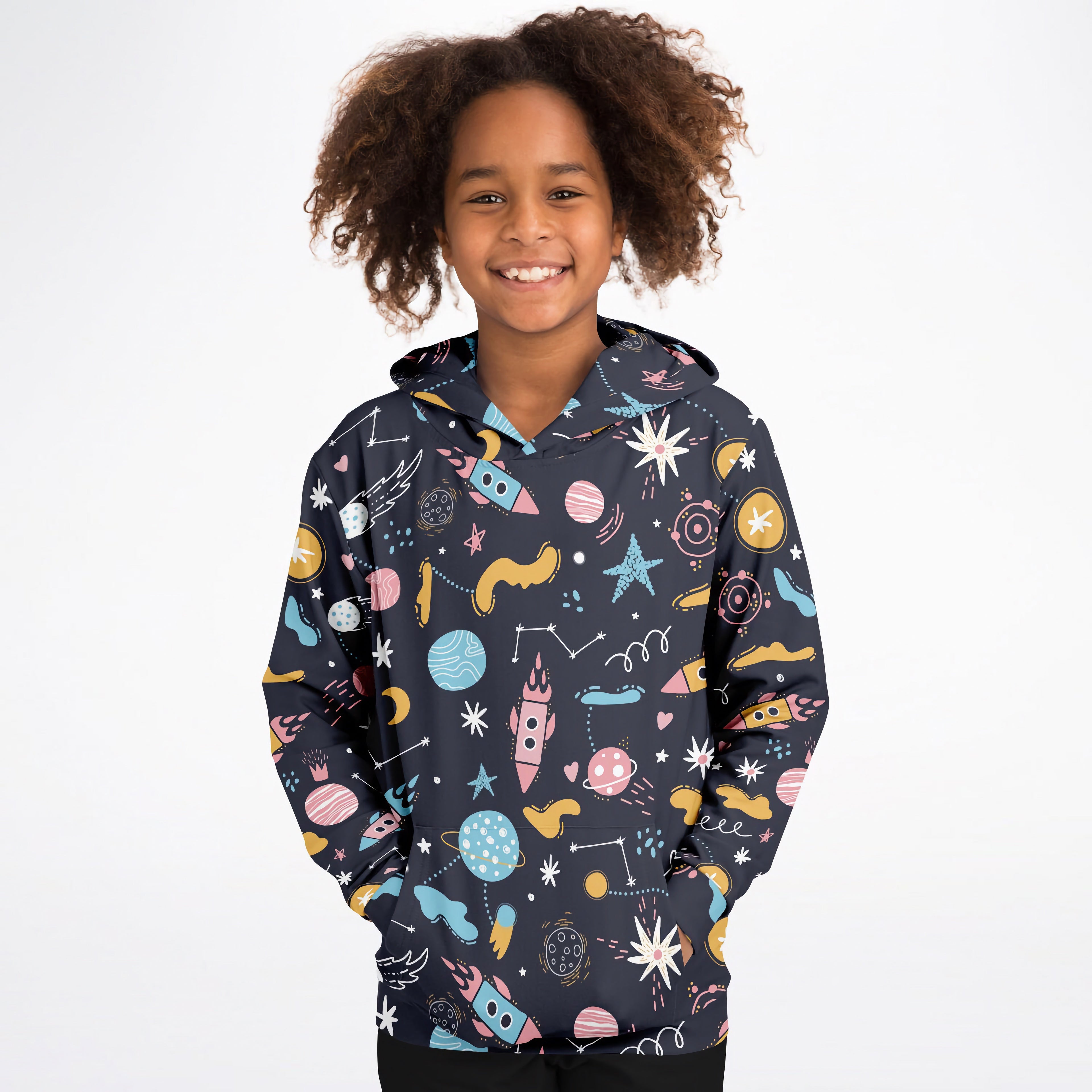 A child wearing a dark navy kids outer space hoodie with colorful cartoon graphics made of cozy cotton fleece