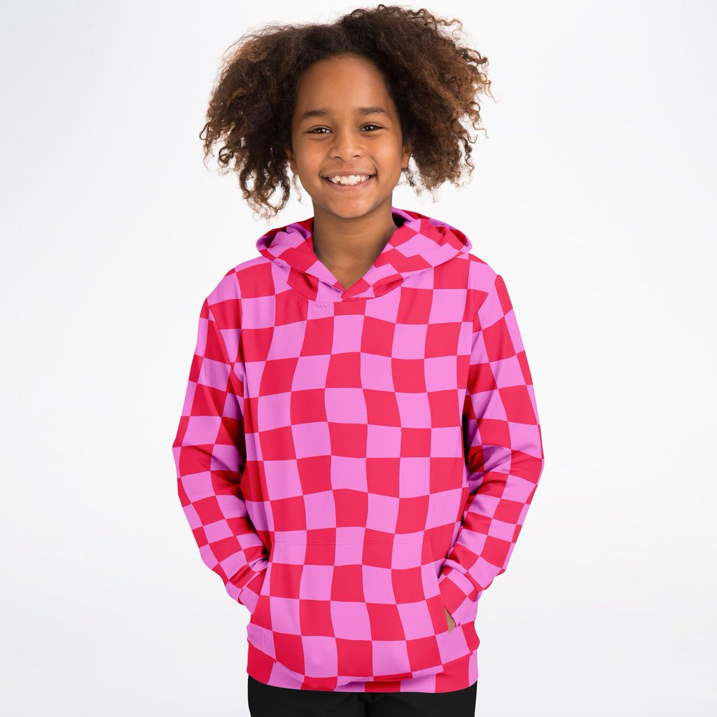 Girls Bright Pink Checkered Hoodie – Ultra Comfy & Stretchy, Cozy Fleece or Lightweight Sports Fabric, Double-Layer Hood & Kangaroo Pocket