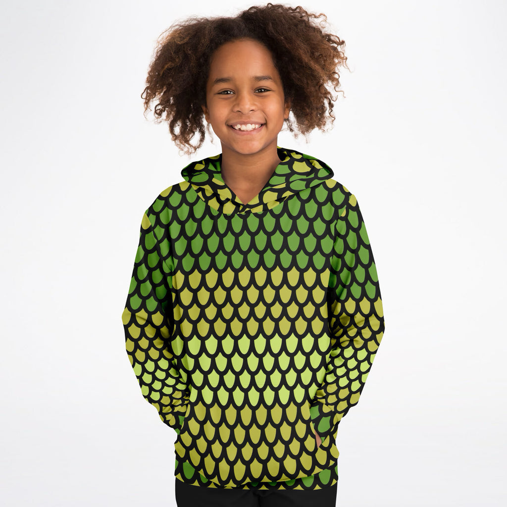 Kids Green Dragon Scales Hoodie – Ultra Comfy & Stretchy, Cozy Fleece or Lightweight Sports Fabric, Double-Layer Hood & Kangaroo Pocket