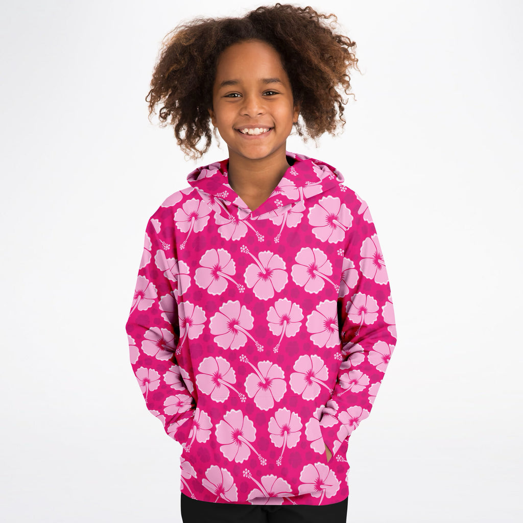 Girls Tropical Pink Hibiscus Hoodie – Ultra Comfy & Stretchy, Cozy Fleece or Lightweight Sports Fabric, Double-Layer Hood & Kangaroo Pocket
