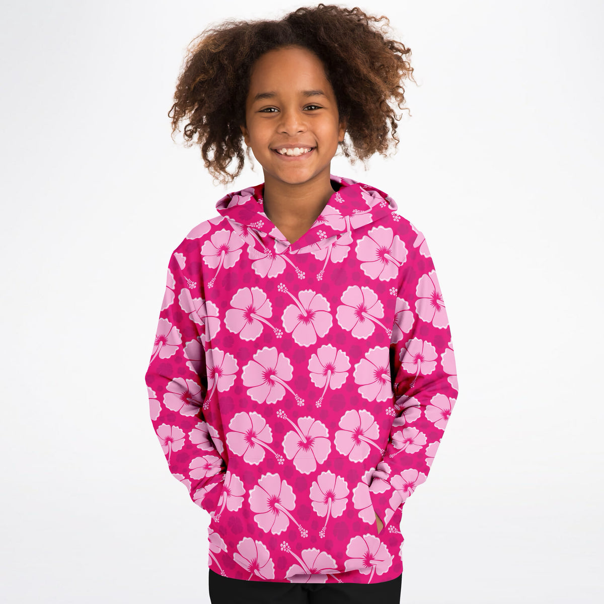 Girls Tropical Pink Hibiscus Hoodie – Ultra Comfy & Stretchy, Cozy Fleece or Lightweight Sports Fabric, Double-Layer Hood & Kangaroo Pocket