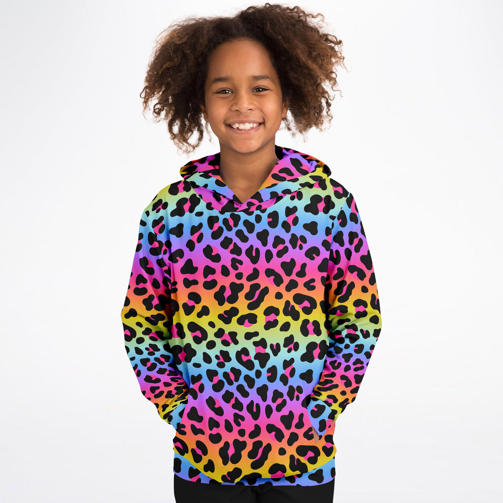 Girls Rainbow Cheetah Hoodie – Cozy Cotton Fleece or Lightweight Sports Fabric