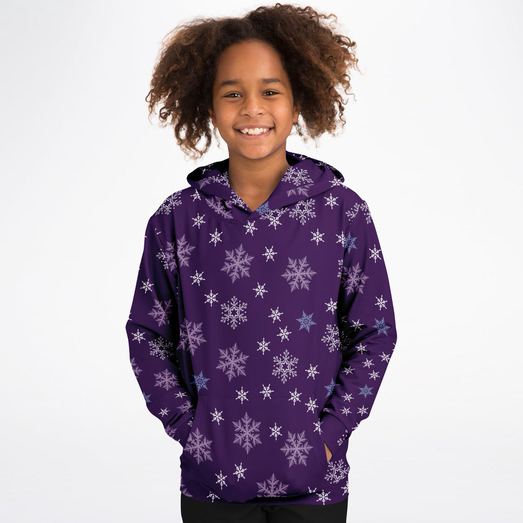 Kids Purple Snowflakes Christmas Hoodie – Ultra Comfy & Stretchy, Cozy Fleece or Lightweight Sports Fabric, Double-Layer Hood & Kangaroo Pocket