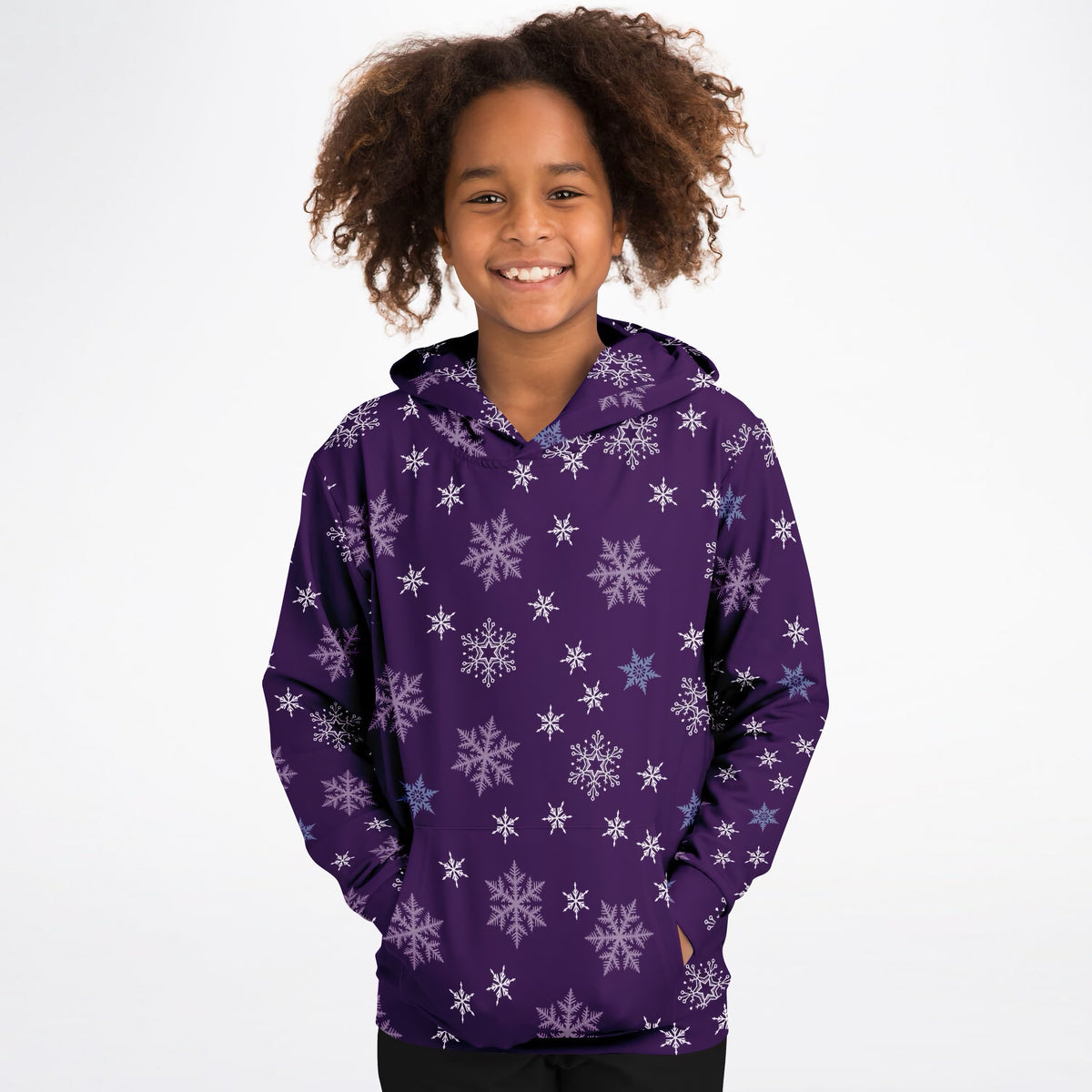 Kids Purple Snowflakes Christmas Hoodie – Ultra Comfy & Stretchy, Cozy Fleece or Lightweight Sports Fabric, Double-Layer Hood & Kangaroo Pocket