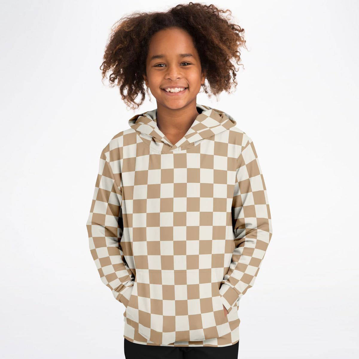 Kids Tan Checkered Hoodie – Ultra Comfy & Stretchy, Cozy Fleece or Lightweight Sports Fabric, Double-Layer Hood & Kangaroo Pocket