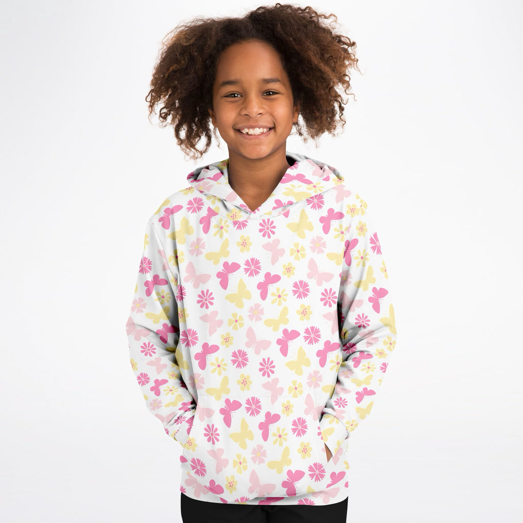 Girls Pink Butterfly & Daisy Hoodie – Ultra Comfy & Stretchy, Cozy Fleece or Lightweight Sports Fabric, Double-Layer Hood & Kangaroo Pocket