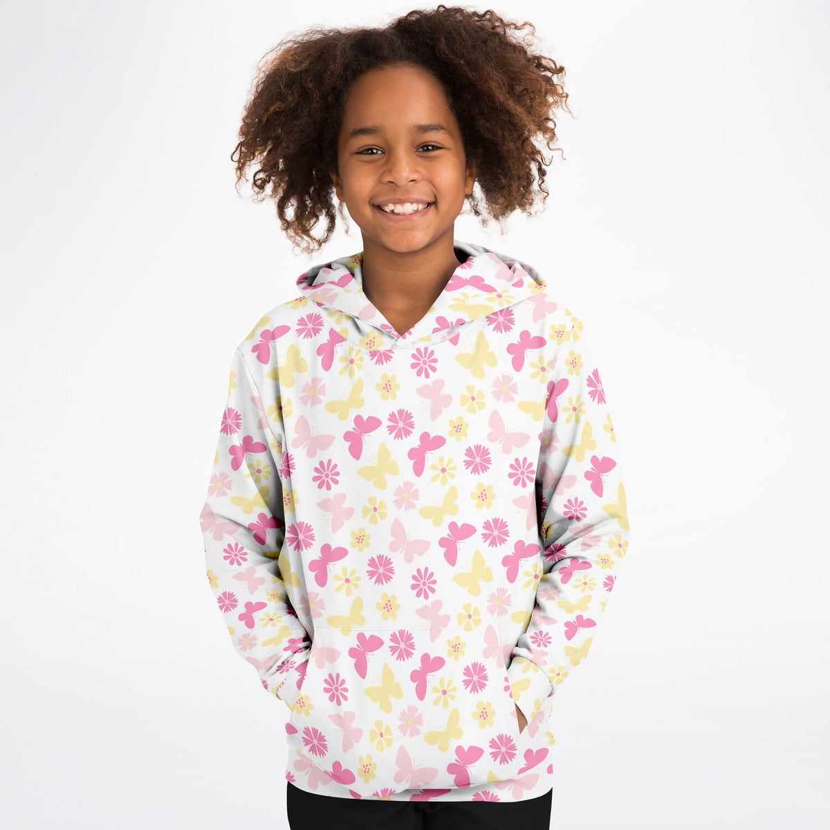 Girls Pink Butterfly & Daisy Hoodie – Ultra Comfy & Stretchy, Cozy Fleece or Lightweight Sports Fabric, Double-Layer Hood & Kangaroo Pocket