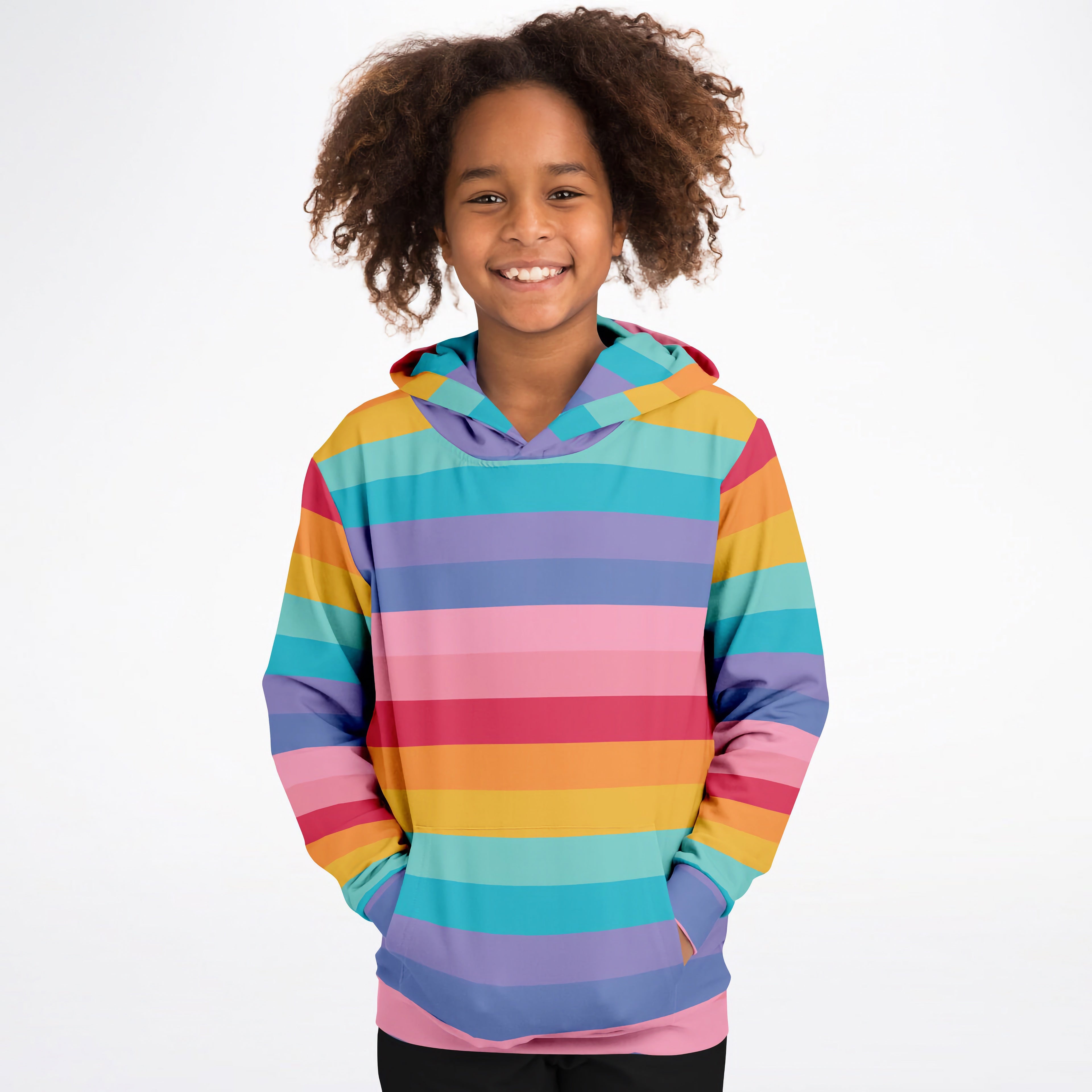 Girls striped bright rainbow hoodie with vibrant pastel and bright cotton fleece fabric and front pockets