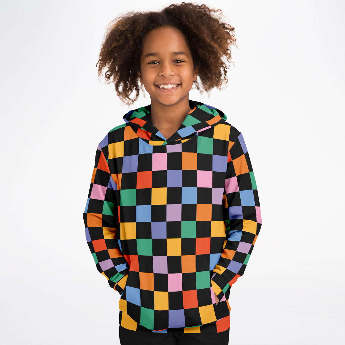 Girls Colorful Rainbow Checkered Hoodie – Ultra Comfy & Stretchy, Cozy Fleece or Lightweight Sports Fabric, Double-Layer Hood & Kangaroo Pocket