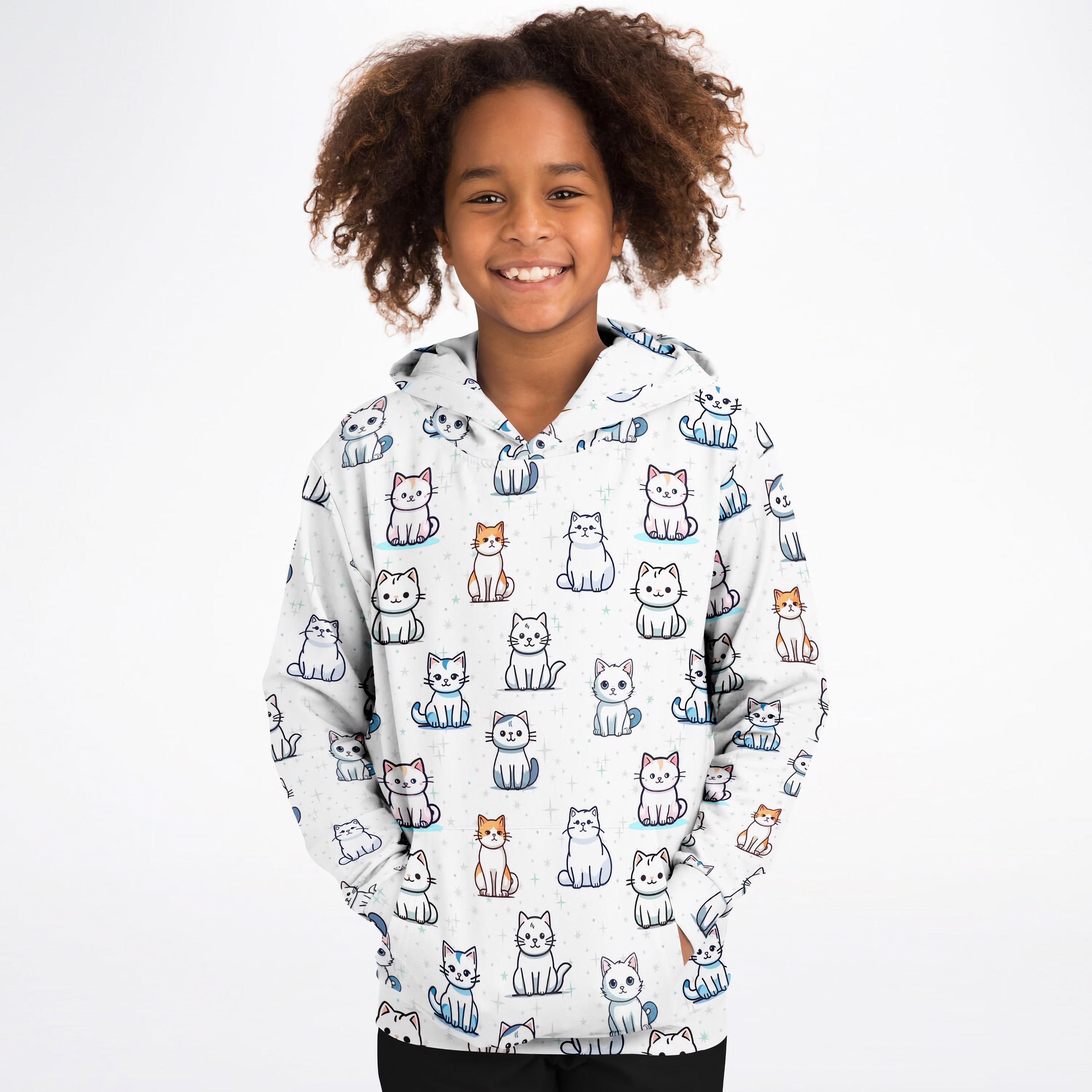 Girls Cat Pattern Hoodie – Cozy Cotton Fleece or Lightweight Sports Fabric