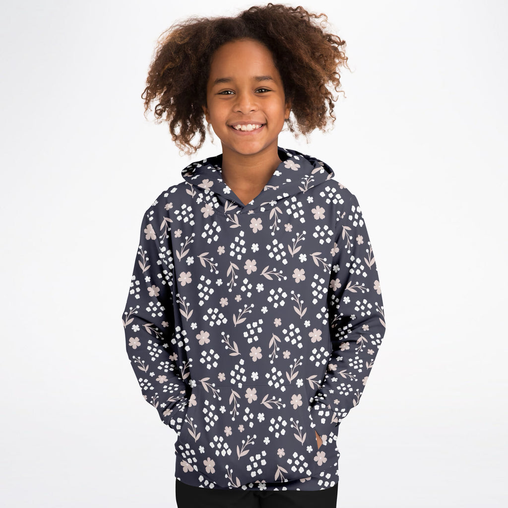Girls Dark Navy Blue Floral Hoodie – Ultra Comfy & Stretchy, Cozy Fleece or Lightweight Sports Fabric, Double-Layer Hood & Kangaroo Pocket