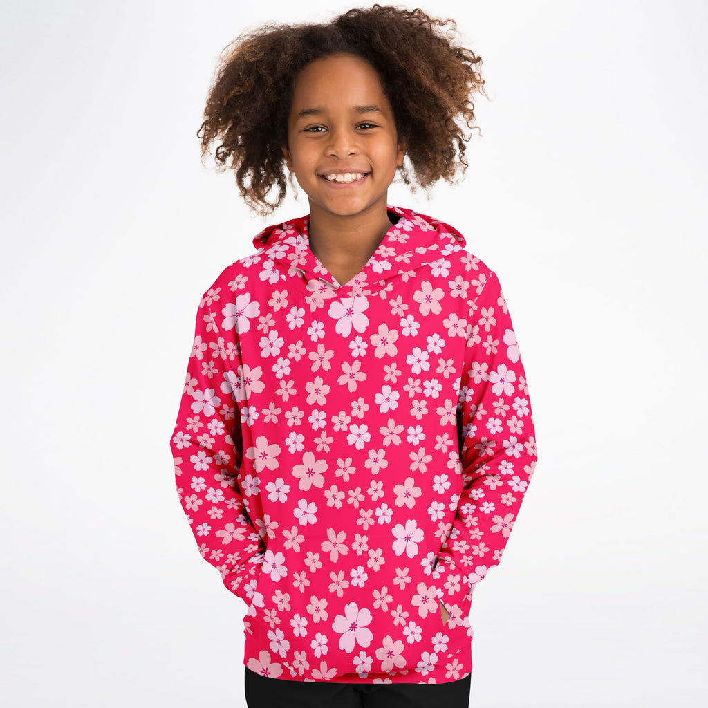 Girls Bright Pink Cherry Blossom Hoodie – Ultra Comfy & Stretchy, Cozy Fleece or Lightweight Sports Fabric, Double-Layer Hood & Kangaroo Pocket