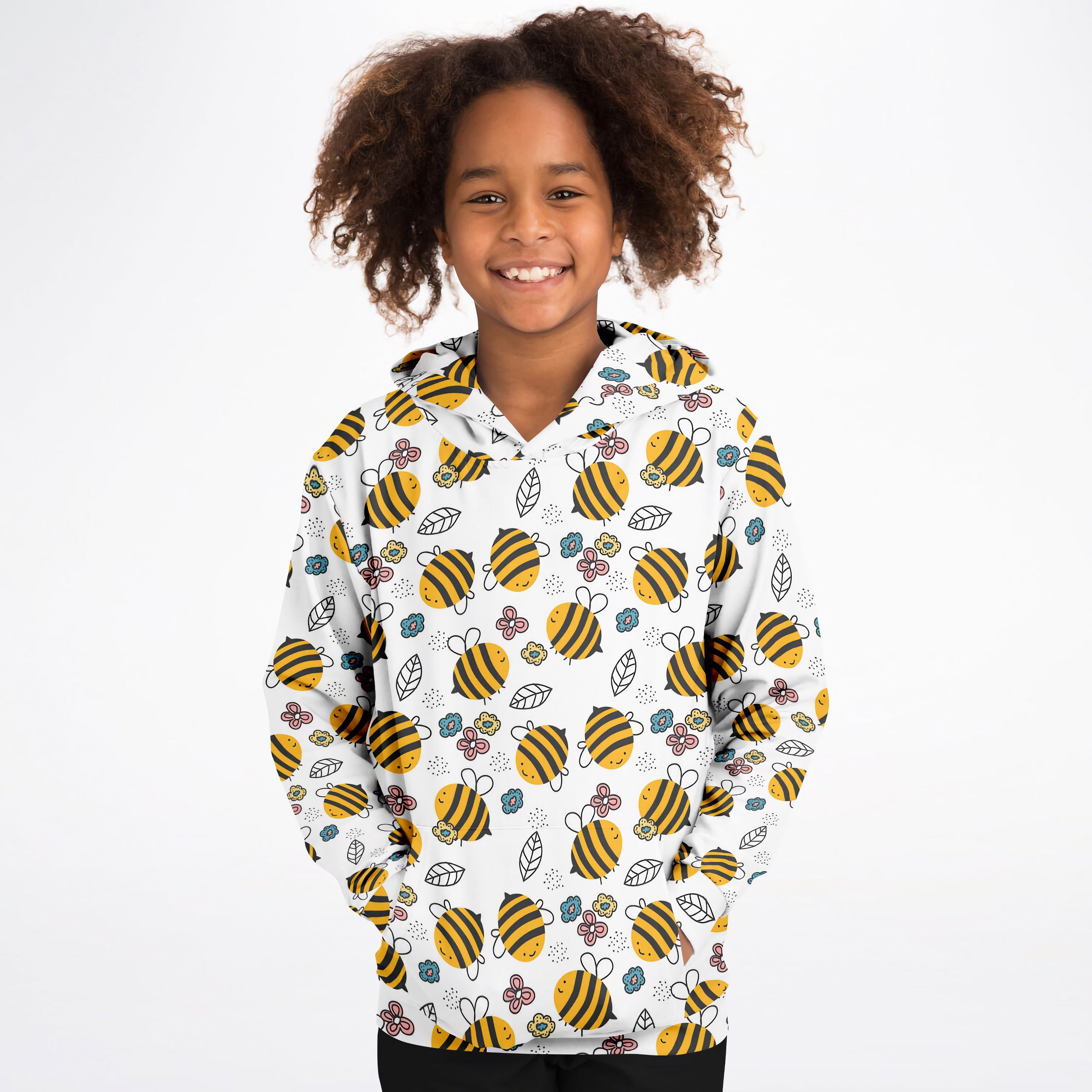 Kids yellow bee hoodie white cotton fleece with playful yellow and black bees colorful flowers and green leaves pattern